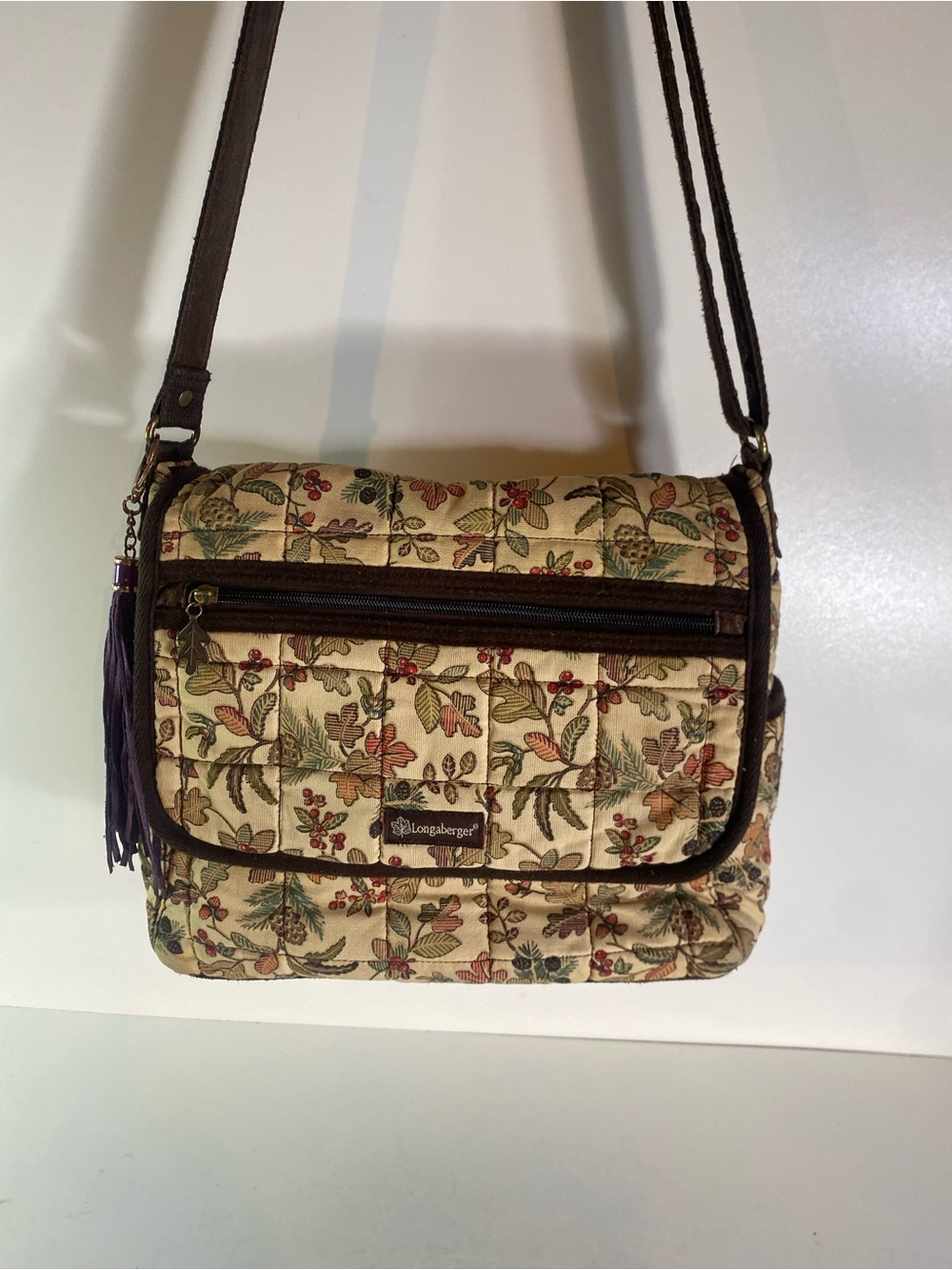 Vintage Longaberger Homestead Fabric & Leather Adjustable Strap Crossbody